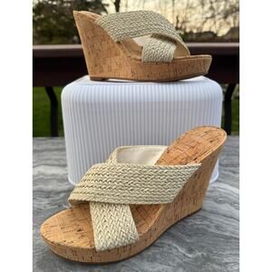 Nine West Bridget Cork Wedge Open Toe Criss-Cross Sandals, Tan, Women's 7.5M